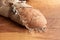 Freshly baked homemade bread with bran on a wooden background and burlap and with a willow sprig. Foodphoto