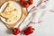 Freshly baked italian piadina on a white plate with vegetables tomatoes and pepper on white background. Top view, copy space. flat