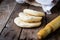 Freshly baked Moroccan mini flatbread - batbouts on wooden table. Selective focus. Arabian food