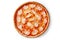 Freshly baked pizza with pelati sauce, mozzarella and smoked chicken fillet isolated on white