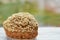 Freshly baked raisins cake with sesame seeds isolated on gray wooden table. Muffin on blurred nature background