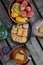 The freshly baked sweet mini loaves on rustic wooden background.