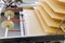 Freshly baked wafer sheets move along the conveyor of a confectionery factory