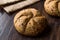 Freshly Baked Whole Wheat Grain Kaiser Roll Round Breads with Sack.