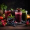 Freshly blended fruit smoothies of various colors and tastes in glass with raspberries, blueberries, strawberries, peach, kiwi and
