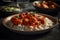 Freshly boiled rice with pieces of meat and tomato gravy. On the table in close-up.