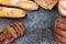 Freshly bread on gray kitchen table.