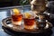 Freshly brewed black tea in turkish glasses in oriental tray