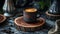 Freshly brewed coffee in a rustic wooden cup, aromatic and hot