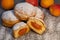 Freshly cooked Apricot jam doughnuts, referred to as jelly doughnuts, donuts in the US