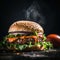 Freshly cooked hamburger on a dark background, food photo. Generative AI