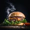 Freshly cooked hamburger on a dark background, food photo. Generative AI