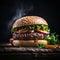 Freshly cooked hamburger on a dark background, food photo. Generative AI