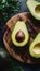 Freshly cut avocado displayed on a wooden cutting board