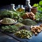 Freshly Cut Herbs on Black Granite Counter