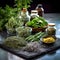 Freshly Cut Herbs on Black Granite Counter