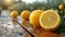 Freshly cut lemon on a dewy wooden surface amidst a lemon orchard. vibrant and refreshing citrus scene. AI