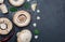 Freshly cut mushrooms mushrooms, sliced feet, Bisporus agaricus raw uncooked, with garlic, chillies, pink pepper, oregano.