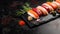 Freshly Cut Sushi With Rosemary And Spices On Dark Stone Background