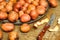 Freshly dug potatoes from a garden. metal table with potatoes. Close up shot of a basket with harvested potatos