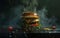 A freshly grilled cheeseburger emits enticing steam against dark background, highlighting the glistening cheese and