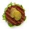 Freshly grilled plant based burger patty on bun with lettuce, slices of gherkin and sauce isolated on white. Top view