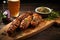 freshly grilled sausages on a chopping board with a full lager mug