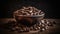 Freshly ground coffee beans on rustic wooden table, aromatic scent generated by AI