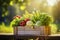 Freshly harvested assortment of vibrant vegetables in a rustic wooden box on a sunlit outdoor table.