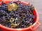 Freshly harvested blue grapes in red bucket