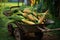 freshly harvested corn cobs in a wheelbarrow