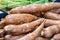 Freshly harvested organic cassava roots in a market. food