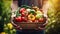 Freshly harvested organic vegetable assortment in wooden box on sunny outdoor farm table