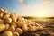 Freshly harvested potatoes in a picturesque field. Place for text.