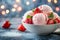 Freshly harvested strawberry ice cream on blurred background with space for text