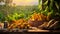 freshly harvested turmeric rhizomes and their lush leaves