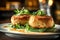 Freshly made deliciious fried crab cakes on a bed of green arugula served on a plate. Traditional food of American cuisine