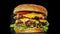 Freshly made delicious big burger with two cutlets on a dark background. Creative concept mouthwatering fast food. Close-up