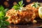 Freshly made delicious fried crab cakes on a bed of green arugula served on a plate. Traditional food of American cuisine