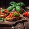 Freshly made Italian bruschetta, diced tomatoes with basil and garlic on toasted bread, closeup, generative AI.