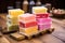 freshly made multilayered soap bars displayed on a wooden surface