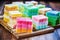 freshly made multilayered soap bars displayed on a wooden surface