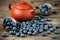 Freshly picked blueberries. Juicy and fresh blueberries. Bilberry on wooden background