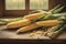 Freshly picked corn rests on a rustic wooden table