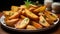 Freshly prepared gourmet meal healthy vegetarian potato wedges on rustic wood generated by AI