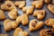 Freshly puff dough heart shaped cookies, top view close up. St Valentine`s Day concept. Abstract bakery background with copy space