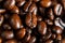 Freshly roasted scattered dark coffee beans