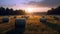 Freshly rolled hay bales in a field. Focus on hay bale in the foreground. AI Generative