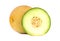 Freshly sliced cantaloupe melon isolated on white background. Juicy and sweet melon isolated.
