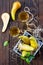 Freshly squeezed pear juice and ripe pear on a wooden table. Top view. The concept of nutrition for superfoods and health or